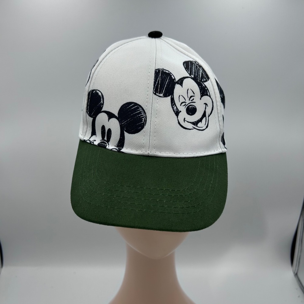 Disney Mickey Mouse Sketch Print Snapback Hat White Green Flat Brim Baseball Cap